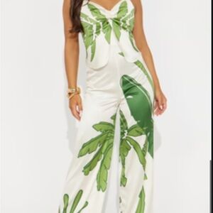 Fashion Nova Leafy Green and White Jumpsuit